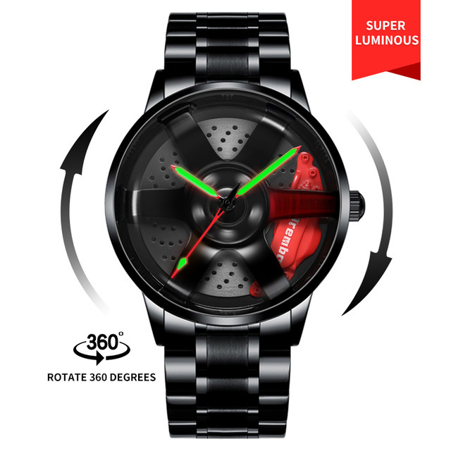 3D Spinning Unique Model Rim Watch Hub Custom Design Sports Car Frame Watch Waterproof Creative Men's Watch Wheel Wristwatch Clock