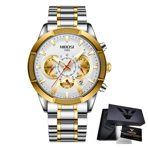 NIBOSI Men's Watch Chronograph Sport Men Watches Luxury Brand Waterproof Full Steel Gold Quartz Watch Men's Watch