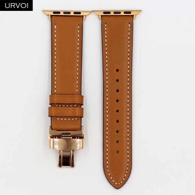 URVOI Deploy Buckle Band for Apple Watch 7 6 SE 5 4 3 Leather Strap for iwatch 41mm 45mm Single Round Design Butterfly Buckle