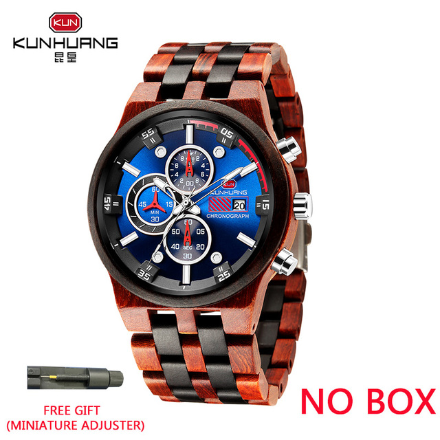 Kunhuang Men's Luxury Brand Personality Sports Mens Wooden Watches Quartz Clock Men Multifunctional Wooden Watch Relogio masculino