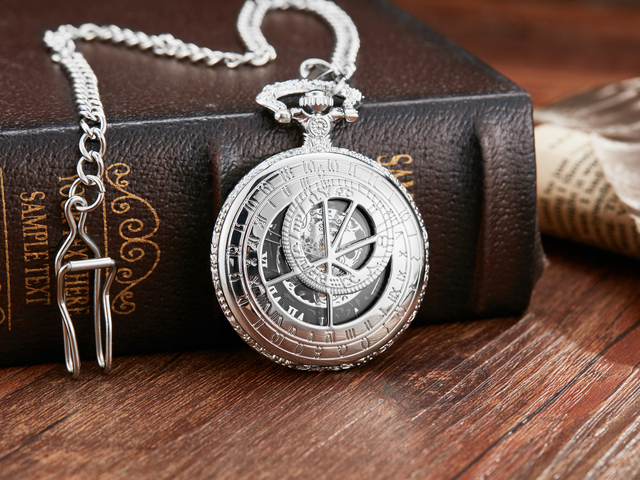 Retro Hand Wind Mechanical Luxury Steampunk Pocket Watch Hollow Silver Watches Roman Numerals Clock With Fob Chain Reloj Hombre