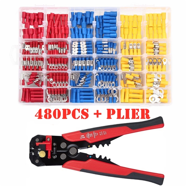 480/1200pcs assorted spade terminals insulated cable connector electrical wire assorted crimp butt loop thorn loop lugs plier