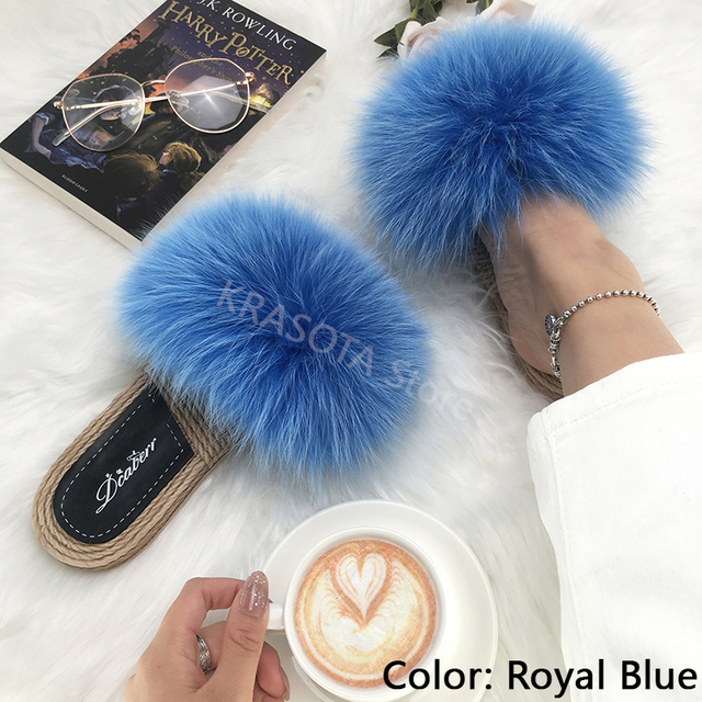 Real Fox Fur Slides Summer Women Faux Espadrilles Slippers Ladies Fluffy Flip Flops Luxury Furry Sandals Shoes 36 37 38 39 40