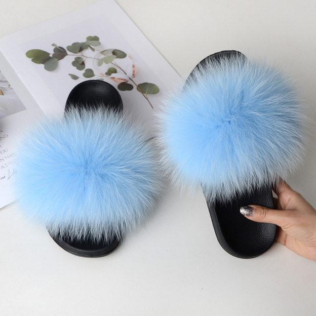 Summer fox fur slippers flat non-slip solid plush home shoes