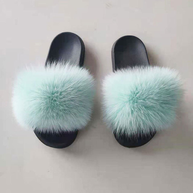 Women Summer Fluffy Fur Slippers Flat Non-slip Solid Real Furry Fur Slides Platform Shoes Plush Fur Sandals Flip Flops Women