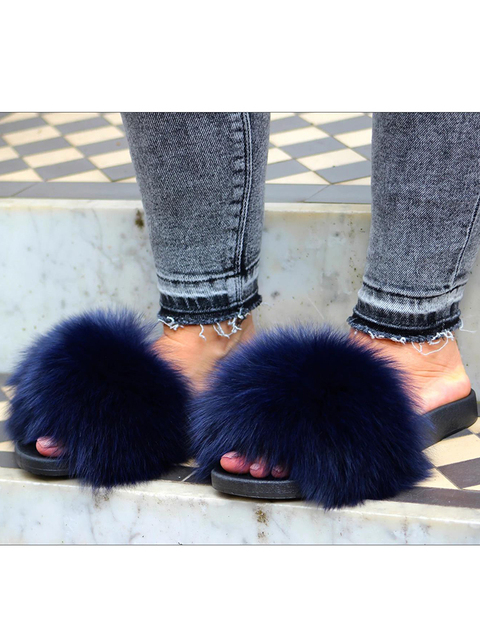 Women Fox Shoes Fur Slippers Real Fox Fur Slides Home Furry Flat Sandals Female Cute Wholesale House Shoes Woman Luxury Brand Ho