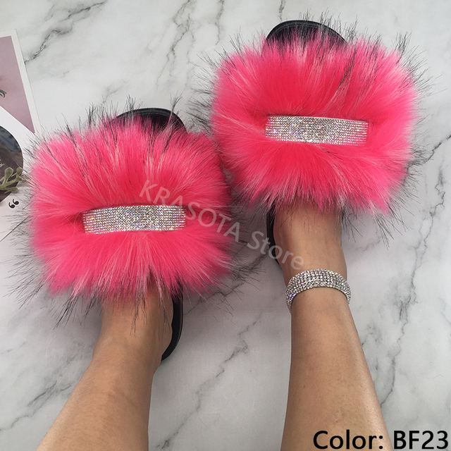 Home Slippers Women Thin Slippers Luxury Summer Faux Fur Slippers Furry Slides Shoes For Women With Rhinestones Slipper 2022