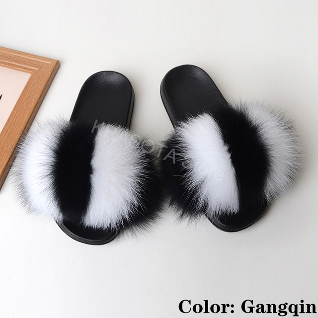 fluffy slippers women luxury real fox fur slippers women home fur slides ladies summer flip flops wholesale flat shoes slippers