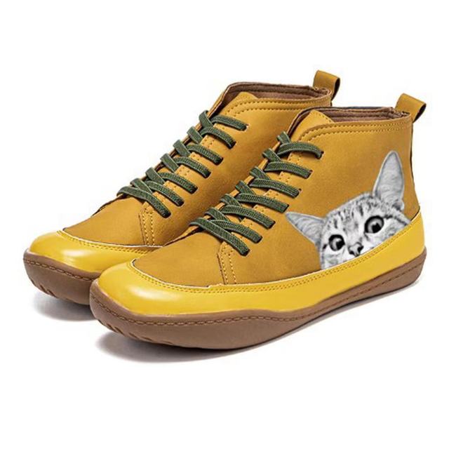 Women Winter New Genuine Leather Shoes Women 2021 Cross Straps Flat Bottom High Quality Printing Cat Boots Warm Comfortable Socks