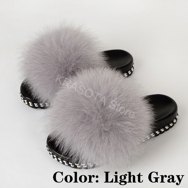 Fur Slippers Women Real Fox Fur Slides Fluffy Home Slippers Luxury Flip Flop with Fur Ladies Platform Sandals Summer Shoes Women