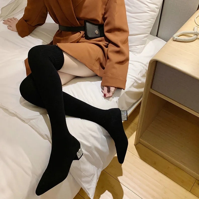 Women Over The Knee Sock Boots Knitting Sock Boots Pointed Toe Elastic Slim Female Thigh High Boots Flat Botas De Mujer Boots