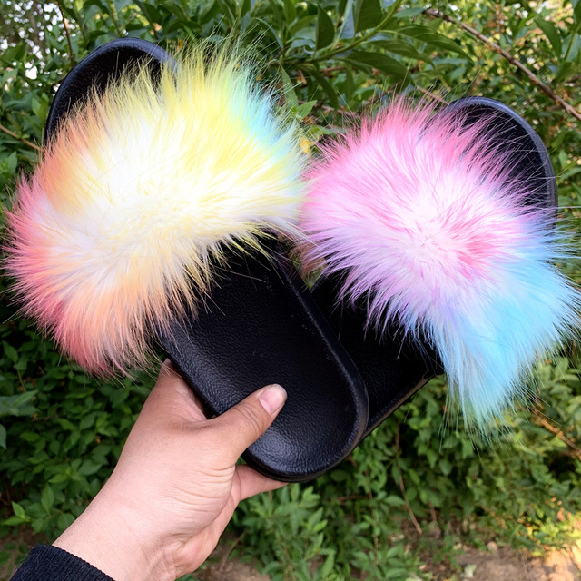 Fashion designer luxury ladies furry fur slippers colorful sandals rainbow shoes for women