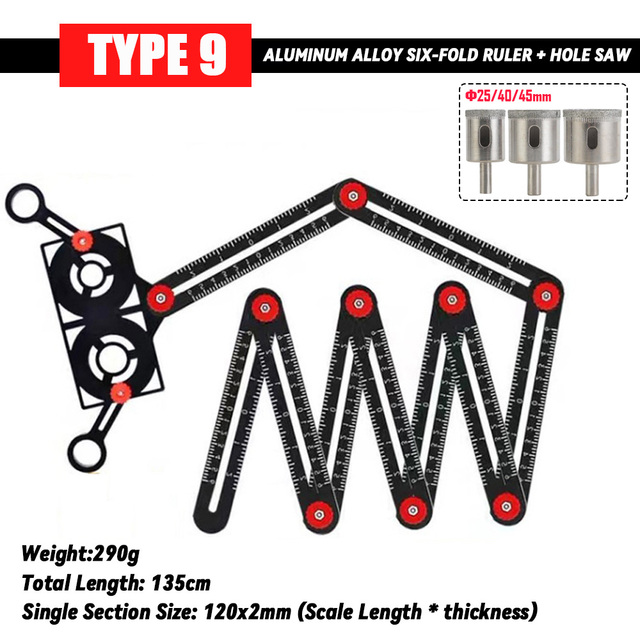 Fold Angle Ruler Aluminum Measuring Ruler for Tile Floor Glass Woodworking Locator Hole Template Tile Hole Guide