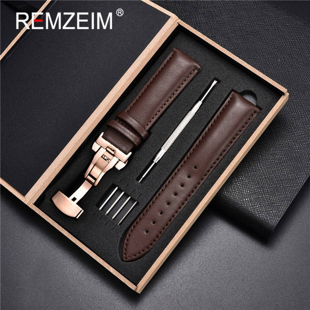 Rimzm Soft Calfskin Leather Watches 18mm 20mm 22mm 24mm Straps Automatic Butterfly Clasp Watch Accessories With Box