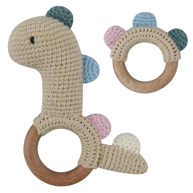 1pc or 2pcs/set BPA Free Crochet Dinosaur Baby Teether Rattle Safe Beech Wooden Teether Ring Newborn Mobile Sport Educational Toy