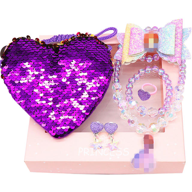 Mermaid Accessories Jewelry Set Sequins Purse Necklace Bracelet Bow Hairclip Shell Earring Gift for Girls Elsa Princess