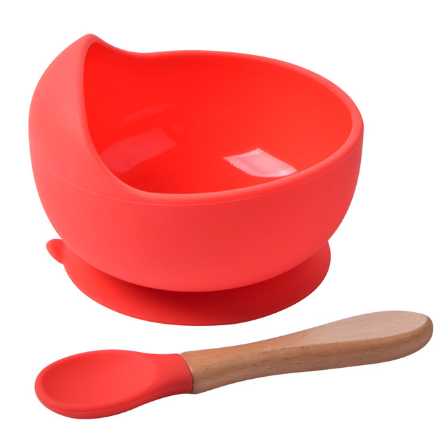 Baby Silicone Bowl Feeding Tableware Children Suction Bowl Plate Wooden Handle Silicone Spoon Dish Set For Baby Kitchen Utensils