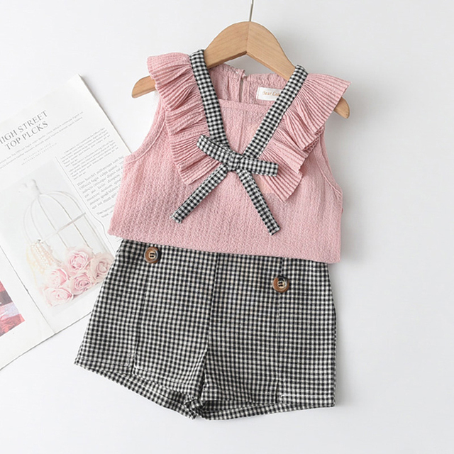 Pink Girls Set with Lapel and Shorts Baby Clothes 2-6T Polka Dot Design Fashion Outfit New Summer 2021