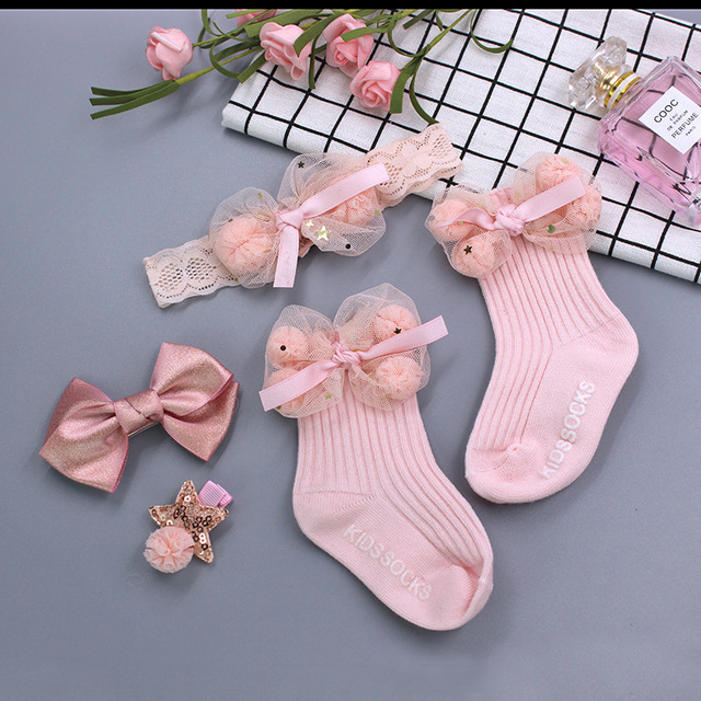 Baby Girl Lace Flower Headband Socks Set Cotton Baby Socks Newborn Socks Anti Slip Floor Socks Elastic Baby Hair Band