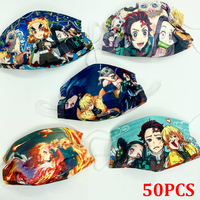 50pcs Demon Slayer Mixed Face Mask 3-layer Cartoon Disposable Face Mouth Mask For Adult Children Anti-Dust Respirator Masks