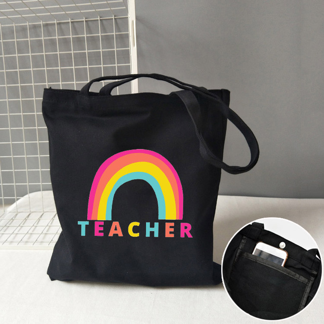 Teacher life rainbow small cotton bag teacher canvas bag graduation gifts tote big teachers appreciation or year-end gift