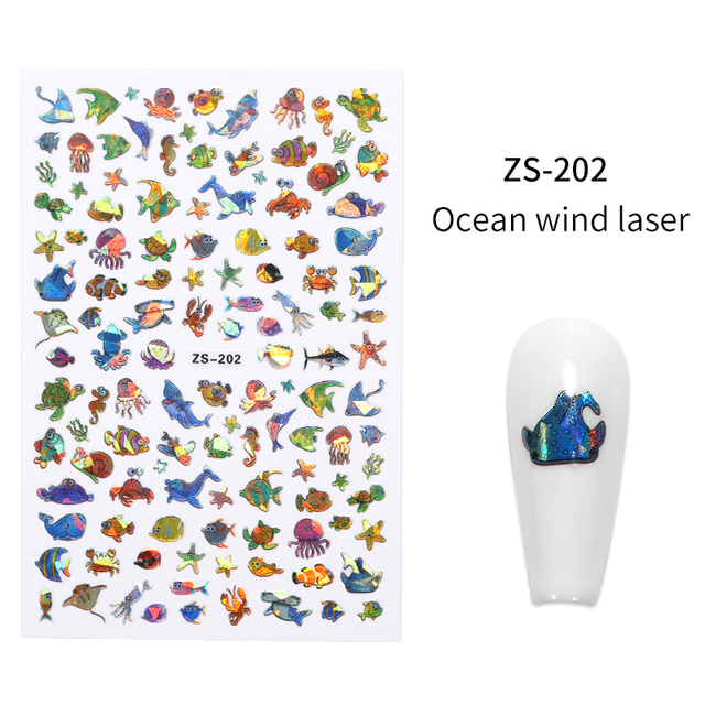 LEAMX Ocean Cute Glitter Laser Nail Art Marine Animal Shell Turtle Fish Starfish Nail Sticker Slider 9D Nail Sticker Decoration