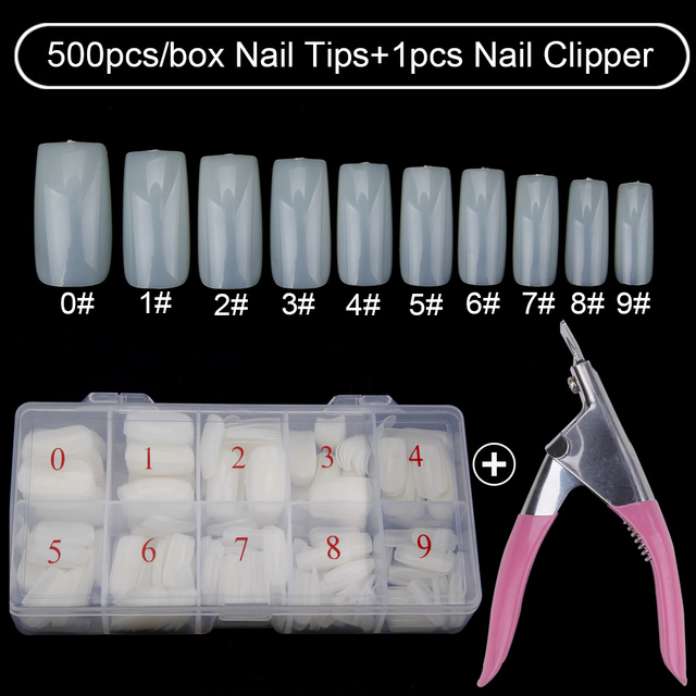 500pcs/box Clear Artificial False Nail Tips Capsule with Nails Cutter Coffin French Full Cover Fake Nails Manicure Tools