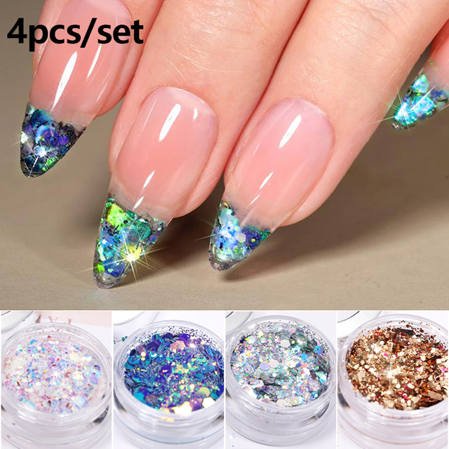 4pcs/set Nail Glitter Powder Silver Iridescent Efffect Sequins Nail Art Foils Nail Art Chrome Pigment Decoration