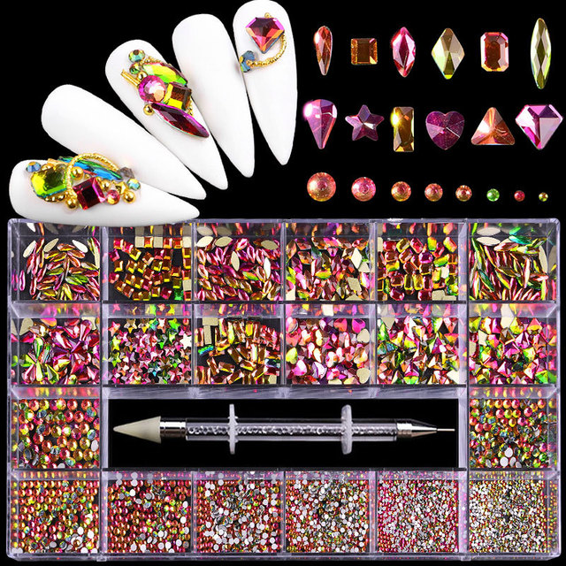 Luxury Box Shiny Diamond Nail Art Rhinestone Crystal Glass Set Decorations Set 1pcs Pick up Pen in Grids Box 21 Shapes of 2500pcs