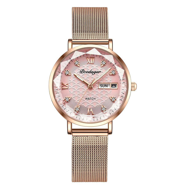 Swiss Brand POEDAGAR Women Watches Luxury Rose Gold Mesh Wristwatch Fashion Simple Waterproof Date Ladies Bracelet Watch Clock