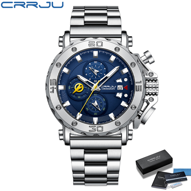 CRRJU Men Watch Luxury Brand Big Dial Stainless Steel Waterproof Chronograph Wrist Watches With Date Relogio Masculino