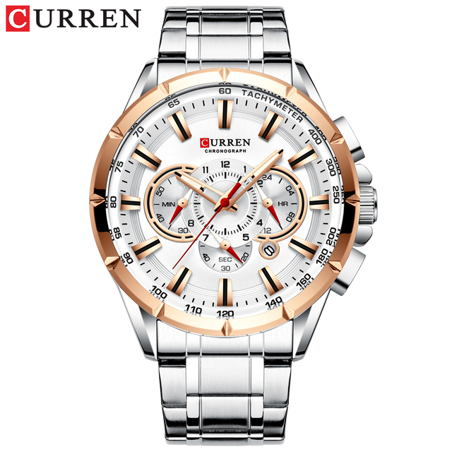 CURREN New Casual Sports Watch Men's Chronograph Stainless Steel Band Watch Large Wristwatch Quartz Watch With Luminous Pointers