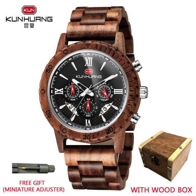 Kunhuang Luxury Brand Men's Watch Wooden Multifunctional Raw Quartz Watch High Strength Ebony Glass Case relógio masculino