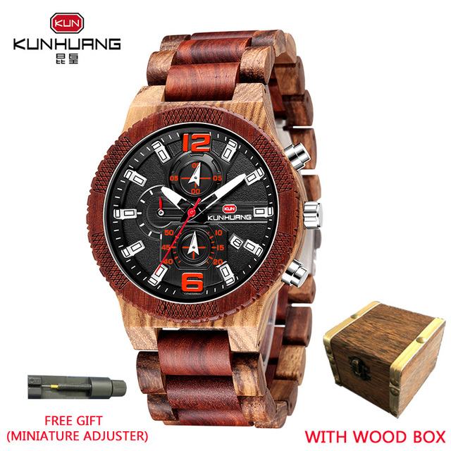 Kunhuang Wooden Watch Fashion Personality Creative Design Senior Ebony Men Watches Quartz Watch Movement Wooden Box Montre Homme