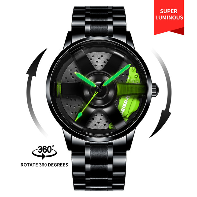 3D Spinning Unique Model Rim Watch Hub Custom Design Sports Car Frame Watch Waterproof Creative Men's Watch Wheel Wristwatch Clock