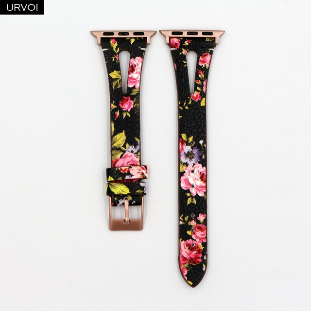 URVOI Leather Band for Apple Watch Series 7 6 SE 5 4 3 Strap for iwatch 41 45mm T Hole Flowers Printed Wrist Women Band