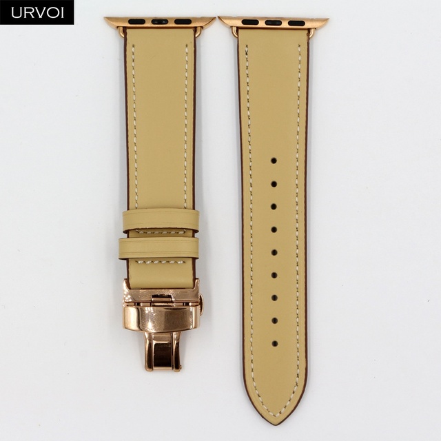 URVOI Deploy Buckle Band for Apple Watch 7 6 SE 5 4 3 Leather Strap for iwatch 41mm 45mm Single Round Design Butterfly Buckle