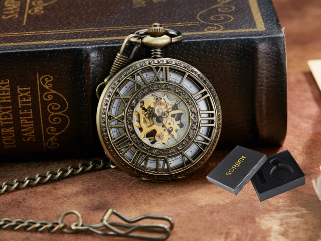 Luxury Black Pocket Watch Vintage Hand Wind Mechanical Steampunk Men Watches Roman Numerals Clock With Fob Chain Reloj Hombre