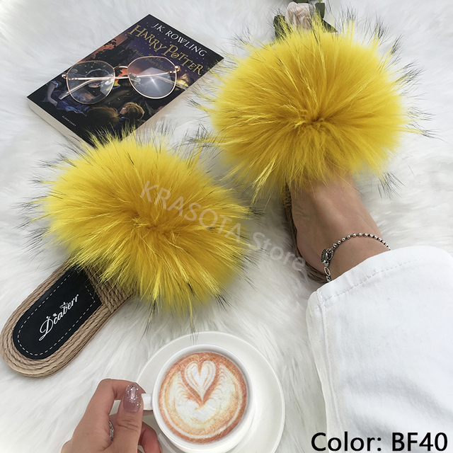 Real Fox Fur Slides Summer Women Faux Espadrilles Slippers Ladies Fluffy Flip Flops Luxury Furry Sandals Shoes 36 37 38 39 40