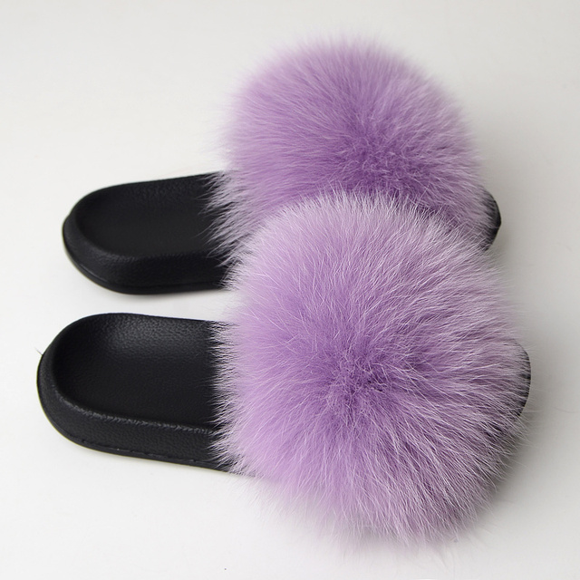 Real Fox Fur Slippers Women Summer Indoor Fluffy Flat Raccoon Fur Slides Outdoor Fashion Casual Beach Shoes Plus Size Shoes