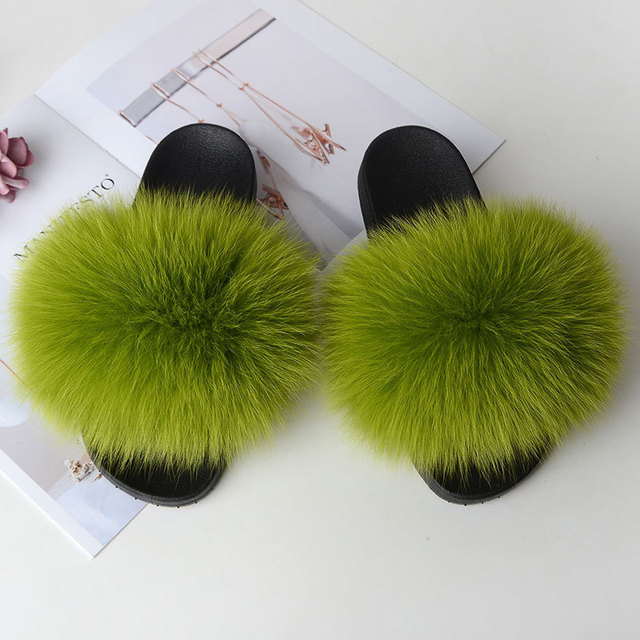 Genuine Fluffy Fur Slippers Women Summer Indoor Flip Flops Fur Sandals Slides Ladies Home Furry Plush Shoes Woman Fur Slides