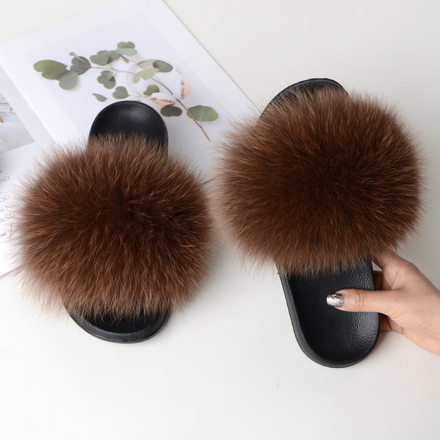 Summer fox fur slippers flat non-slip solid plush home shoes