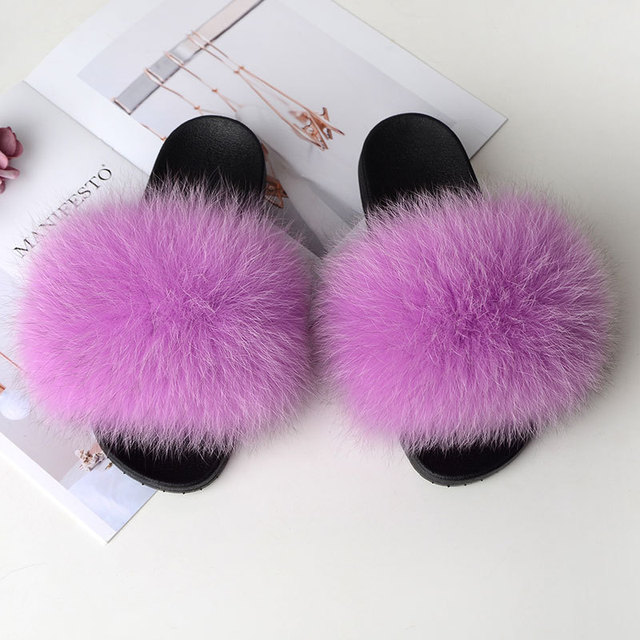 Women Summer Fluffy Fur Slippers Flat Non-slip Solid Real Furry Fur Slides Platform Shoes Plush Fur Sandals Flip Flops Women