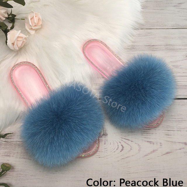 fluffy slippers women real fur home slides summer crystal rhinestones shoes for women flip flops with fur jelly sandals women