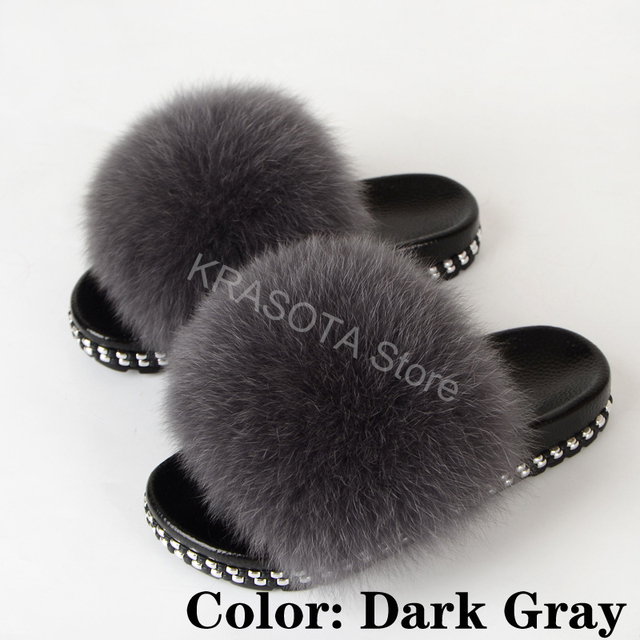 Fur Slippers Women Real Fox Fur Slides Fluffy Home Slippers Luxury Flip Flop with Fur Ladies Platform Sandals Summer Shoes Women