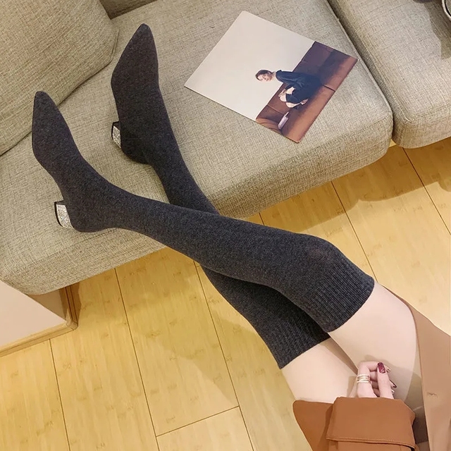 Women Over The Knee Sock Boots Knitting Sock Boots Pointed Toe Elastic Slim Female Thigh High Boots Flat Botas De Mujer Boots