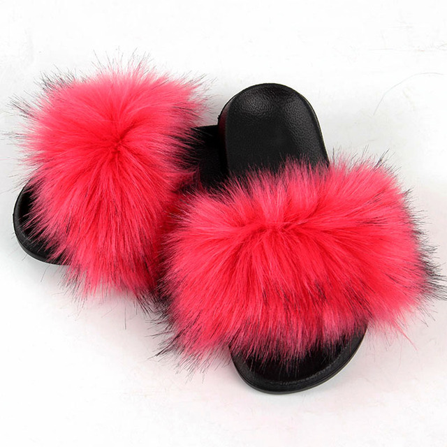 Women Summer New Synthetic Fox Fur Slippers Indoor Home Furry Cute Faux Raccoon Fur Non-slip Outdoor Home Shoes Beach Sandals