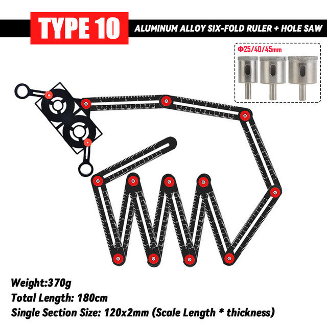 Fold Angle Ruler Aluminum Measuring Ruler for Tile Floor Glass Woodworking Locator Hole Template Tile Hole Guide