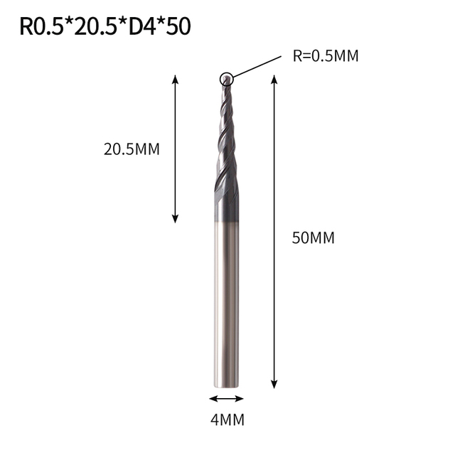 VACK - Ball Nose Pointed End Mills, 3.175mm, 4mm, 6mm, 8mm, Router Bits, Cnc, Wood and Metal Milling Machine