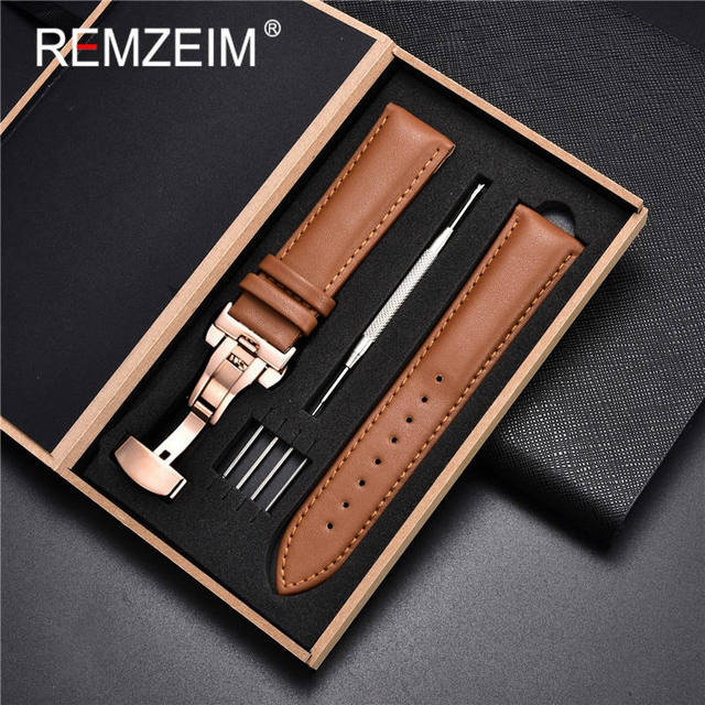 Rimzm Soft Calfskin Leather Watches 18mm 20mm 22mm 24mm Straps Automatic Butterfly Clasp Watch Accessories With Box